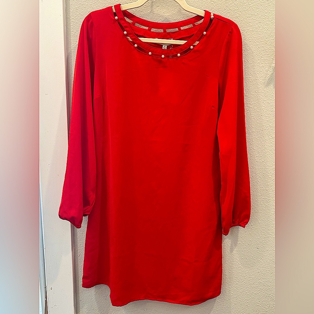 Skies Are Blue Red Long Sleeve Shift Dress with Pearl Detail Neckline